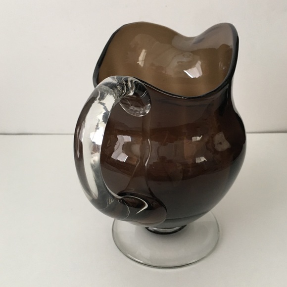 Pedestal Hand Blown Smoky Art Glass Pitcher. Applied Handles. Excellent - Picture 3 of 5